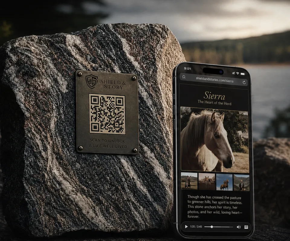 A hand-split stone with a QR code, beside a phone showing the page it opens