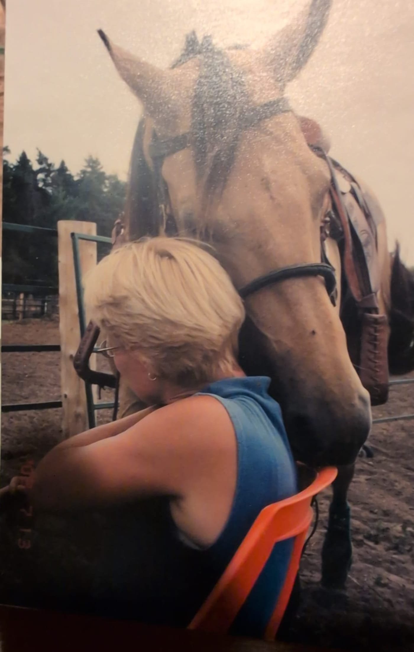 Sierra resting her head over Dayna's shoulder after a ride